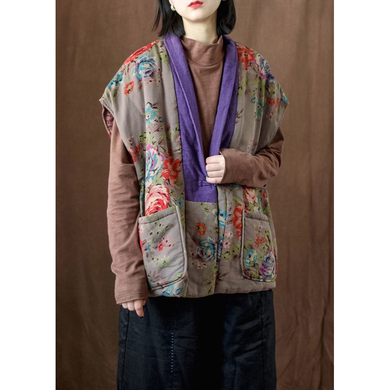 Loose Khaki V Neck Print Button Silk Cotton Parka Waistcoat Winter