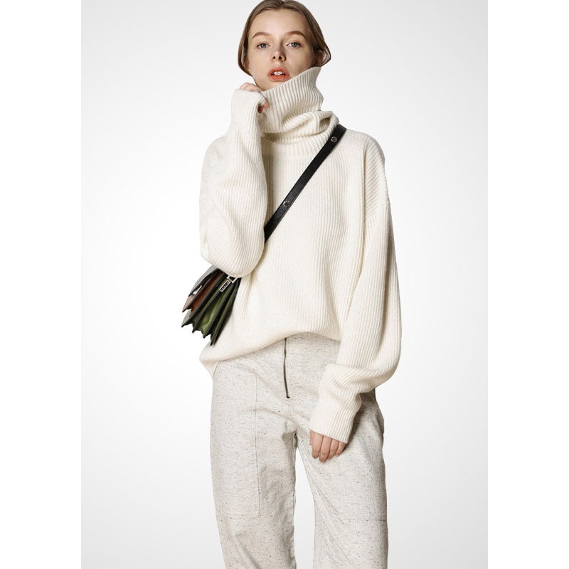 Modern Beige Turtle Neck Oversized Warm Wool Sweater Tops Winter