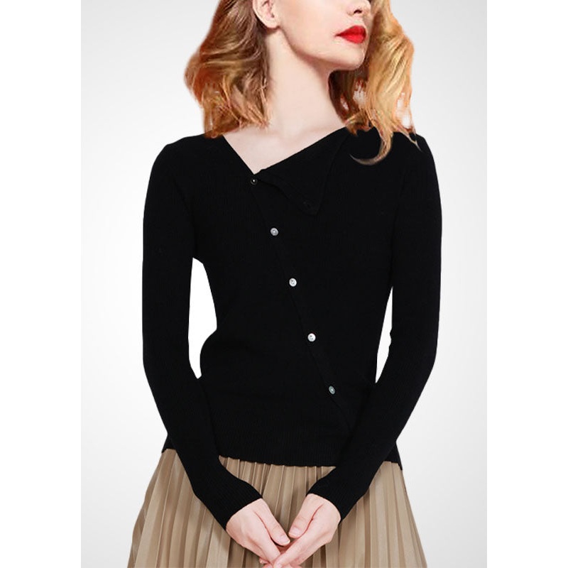 Modern Black Asymmetrical Slim Fit Wool Knit Top Winter