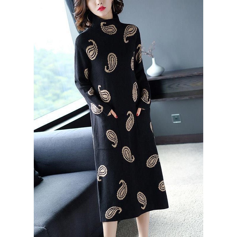 Modern Black High Neck Print Pockets Long Sweater Winter