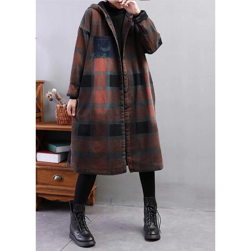 Modern Khaki Hooded Plaid Fine Cotton Filled Trench Winter