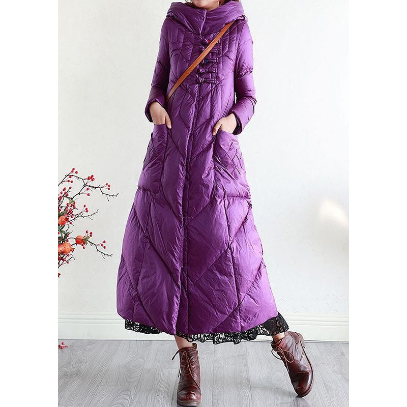 Modern Purple Hooded Oriental Button Lengthen Duck Down Puffer Coat Winter