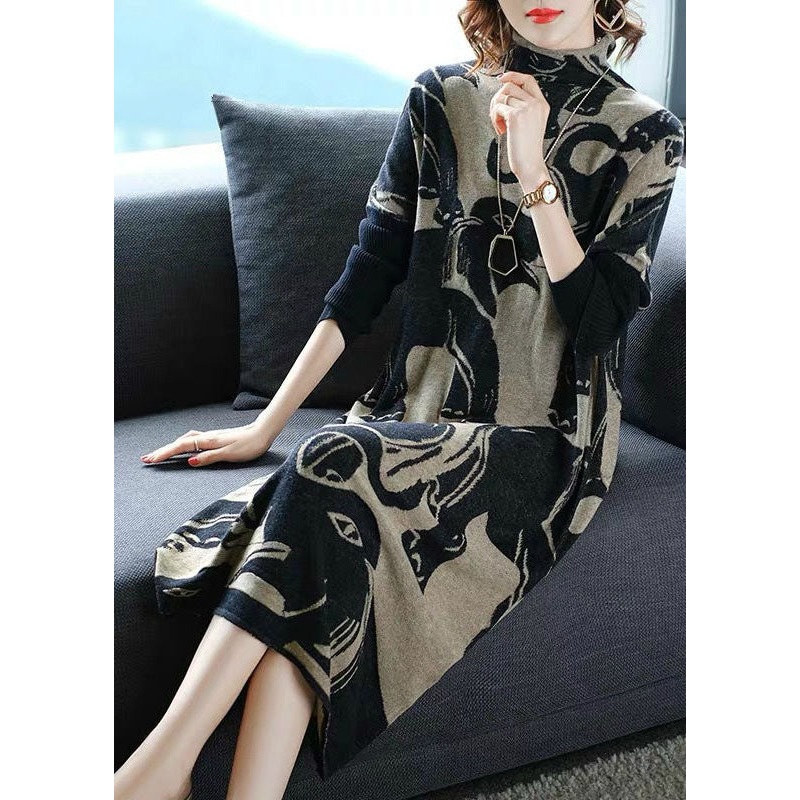 Organic Black Turtle Neck Oversized Print Long Knit Dress Winter