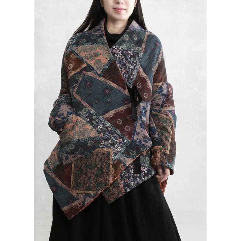 Plus Size Green Asymmetrical Design Print Fine Cotton Filled Coats Winter