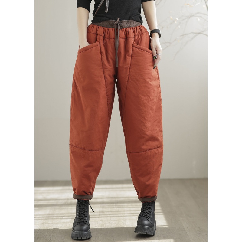 Plus Size Orange Elastic Waist Pockets Patchwork Fine Cotton Filled Pants Winter