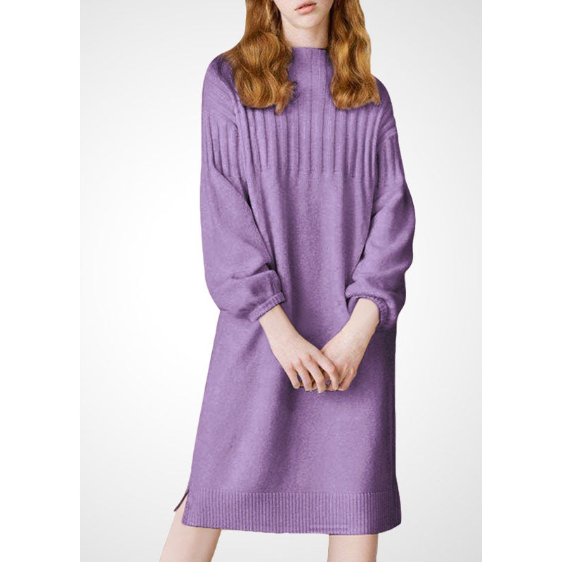 Plus Size Purple Stand Collar Thick Wool Long Knit Dress Winter