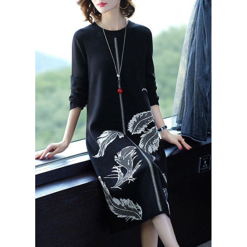 Plus Size White O-Neck Print Knit Sweater Dress Winter