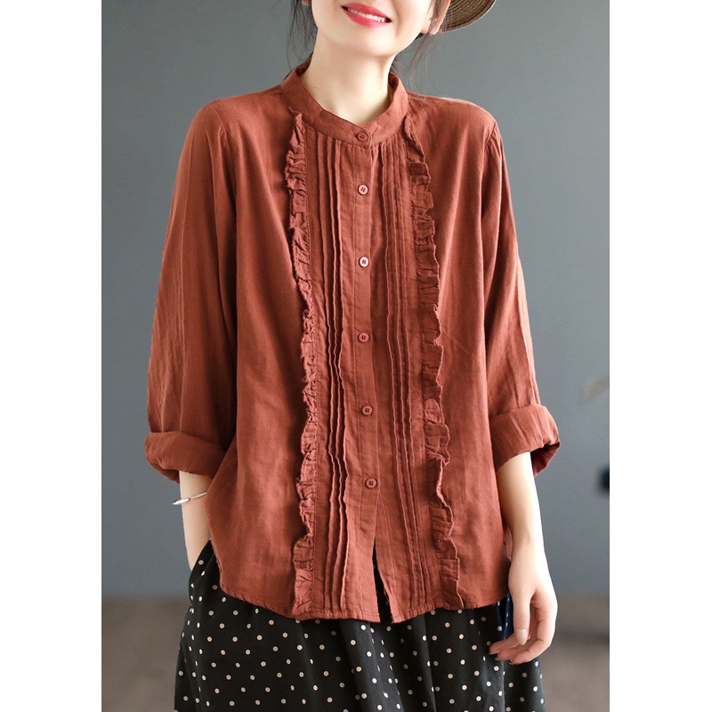 Red Cotton Shirt Stand Collar Ruffled Wrinkled Spring