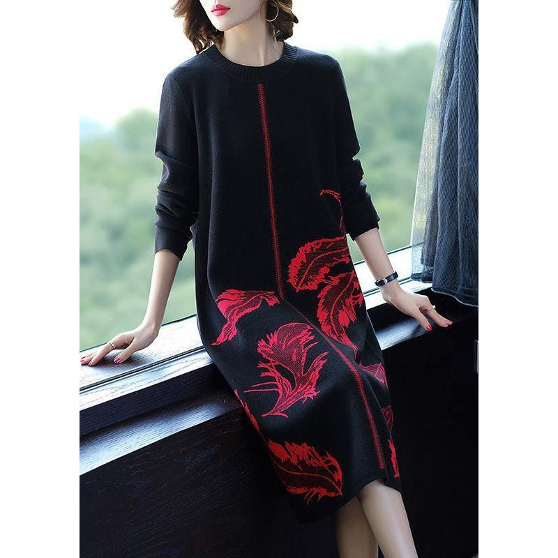 Red Print Knit Sweater Dress O-Neck Thick Winter