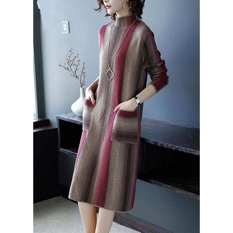 Red Striped Knit Sweater Dress High Neck Pockets Winter