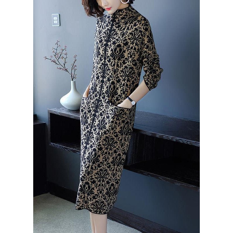 Slim Fit Navy Stand Collar Print Pockets Long Knit Dress Winter