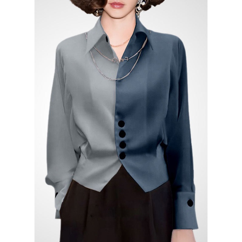 Style Colorblock Peter Pan Collar Patchwork Side Open Shirt Tops Spring