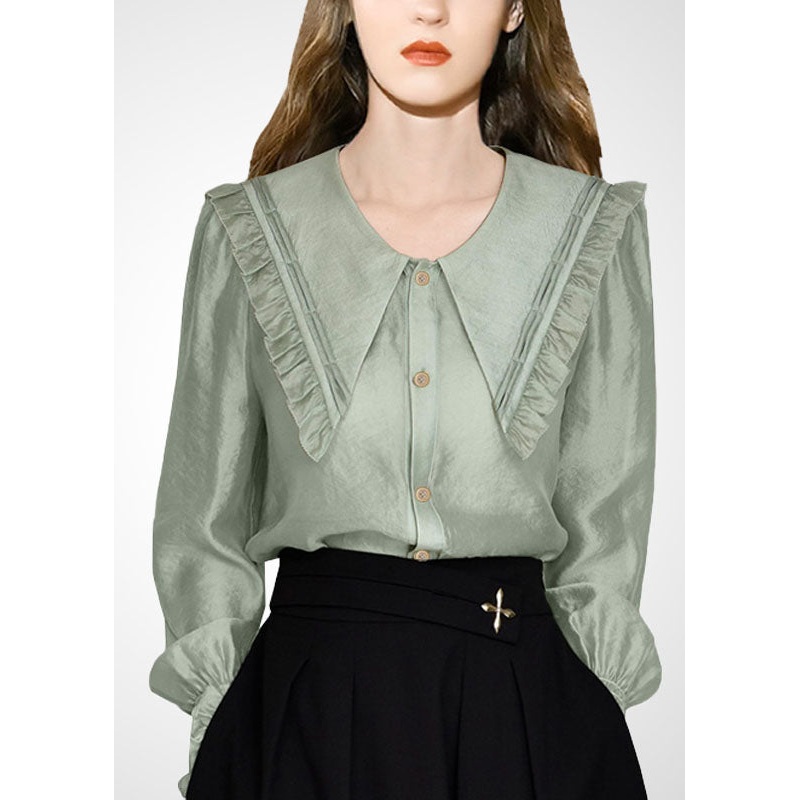 Style Green Peter Pan Collar Ruffled Shirt Tops Spring