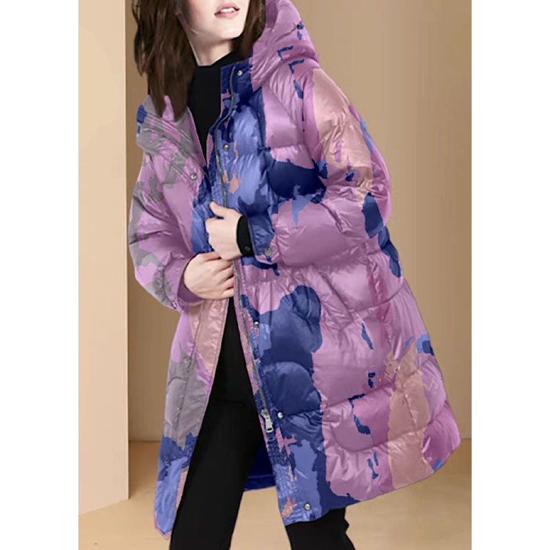 Style Purple Hooded Print Thick Duck Down Puffers Coats Winter