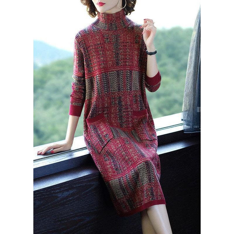 Style Red High Neck Slim Fit Plaid Pockets Knitted Dress Winter