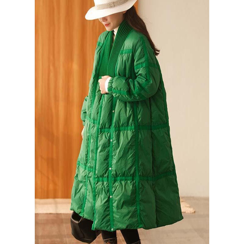 Stylish Green V Neck Knit Patchwork Duck Down Down Coats Winter