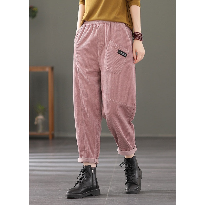 Stylish Pink Elastic Waist Patchwork Corduroy Harem Pants Fall