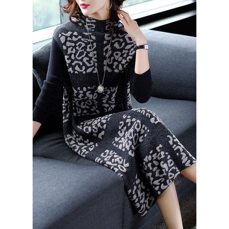 Unique Black Stand Collar Print Long Knit Dress Winter