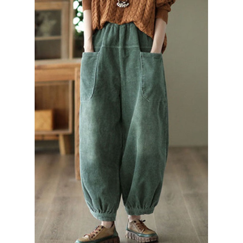 Unique Green Elastic Waist Oversized Pockets Warm Fleece Pants Winter