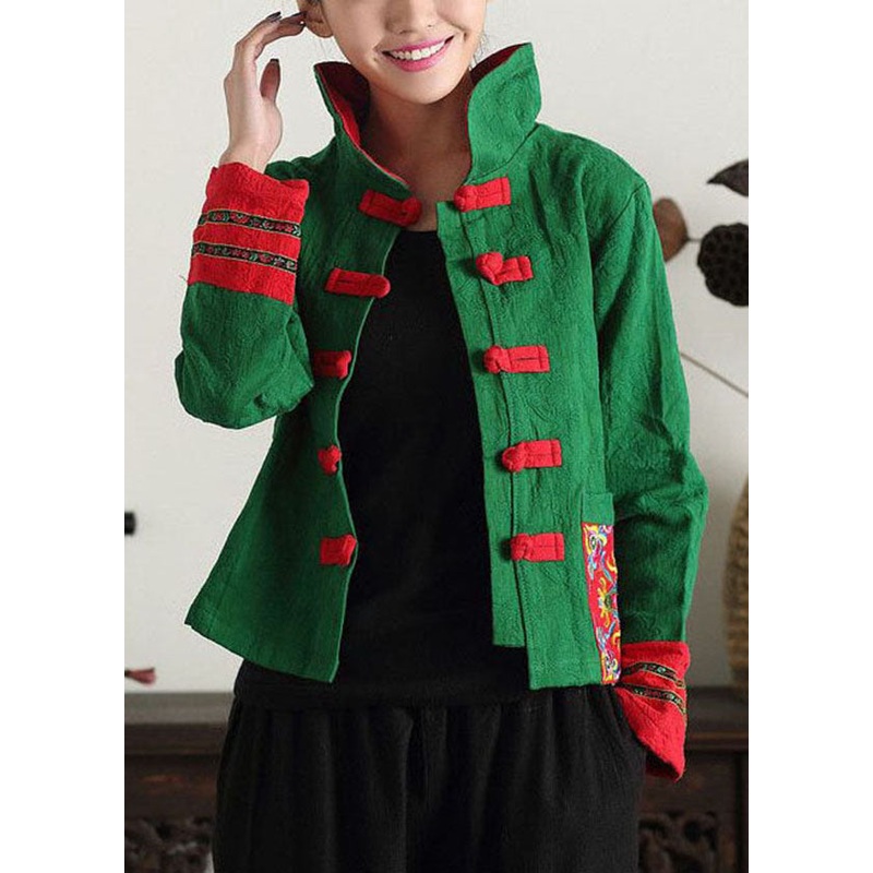Unique Green Stand Collar Embroideried Patchwork Cotton Chinese Style Coats Spring