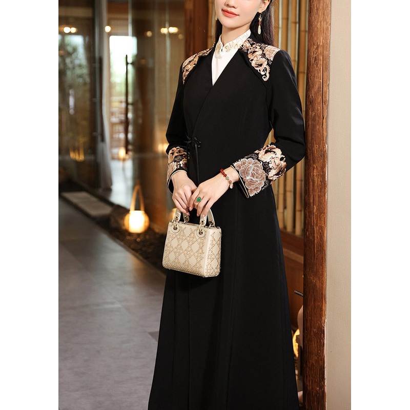 Vintage Black V Neck Embroideried Button Long Coats Fall