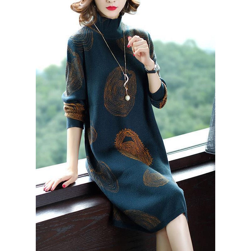 Vintage Blackish Green High Neck Oversized Print Knit Sweater Dress Winter