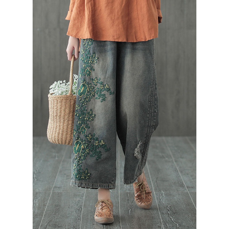 Vintage Blue Embroideried Cotton RippedJeans Pants Fall