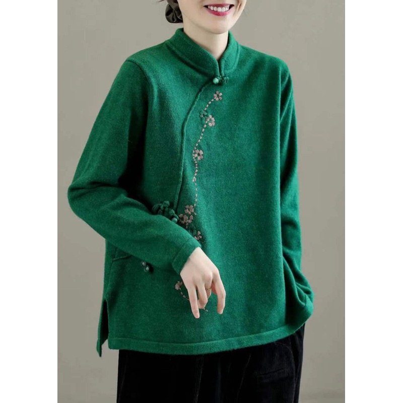 Vintage Green Mandarin Collar Embroideried Knit Sweaters Winter