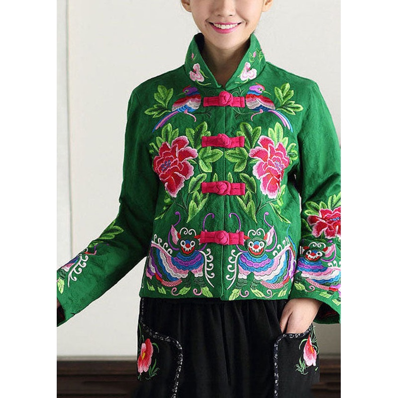 Vintage Green Stand Collar Embroideried Cotton Jacket Fall