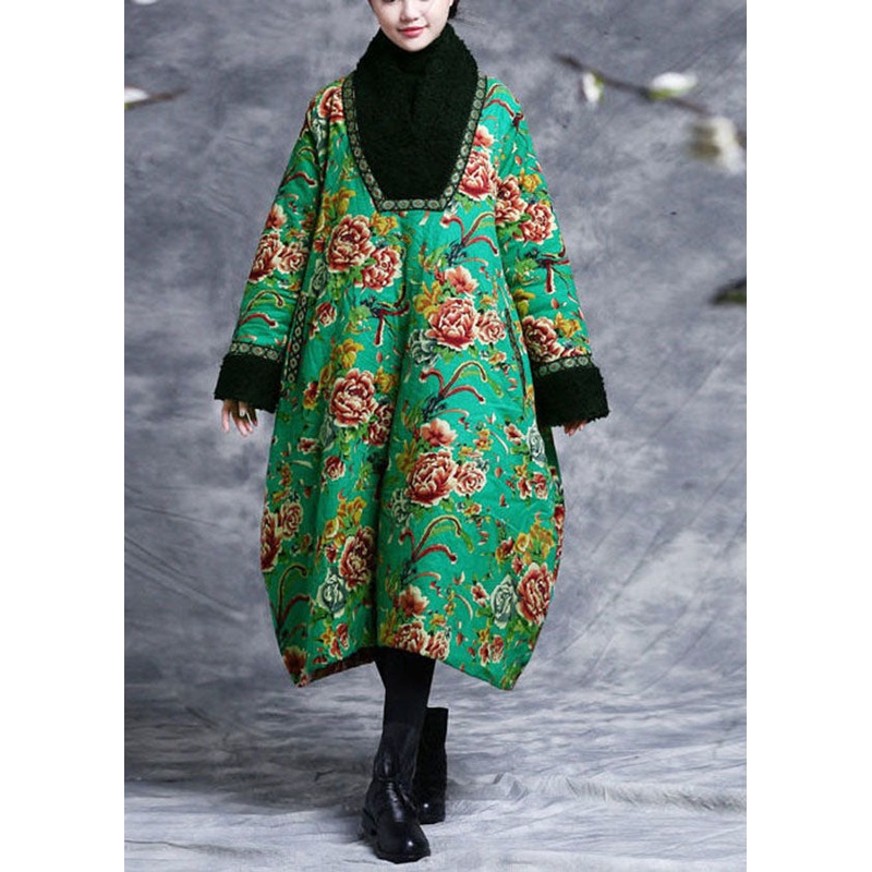 Vintage Green V Neck Patchwork Teddy Faux Fur Fine Cotton Filled Dress Caftan Winter