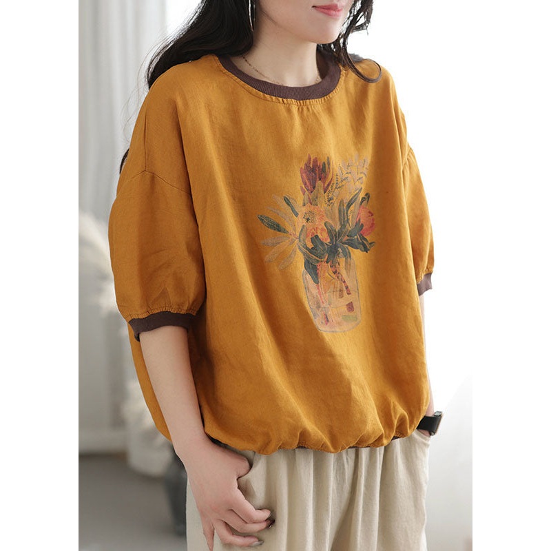 Vintage Yellow Oversized Patchwork Print Linen Tank Tops Short Sleeve