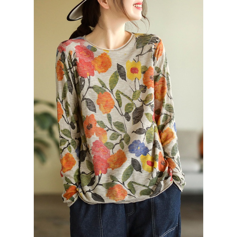 Women Beige O-Neck Print Knit Tops Fall