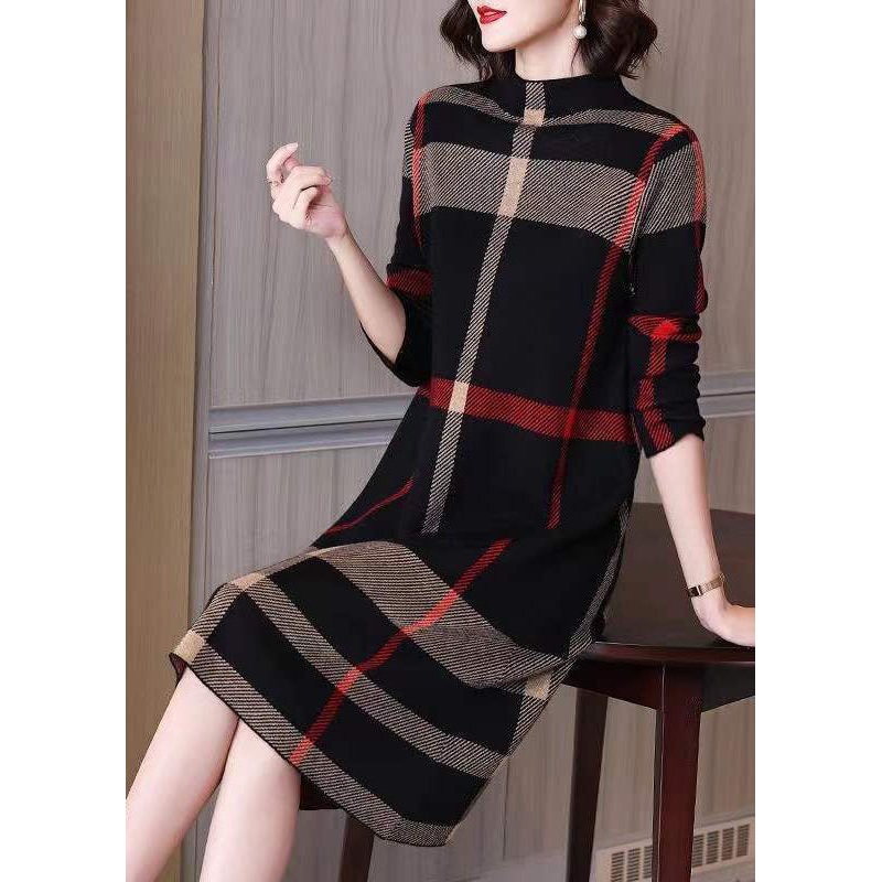 Women Black High Neck Print Knit Long Dresses Spring