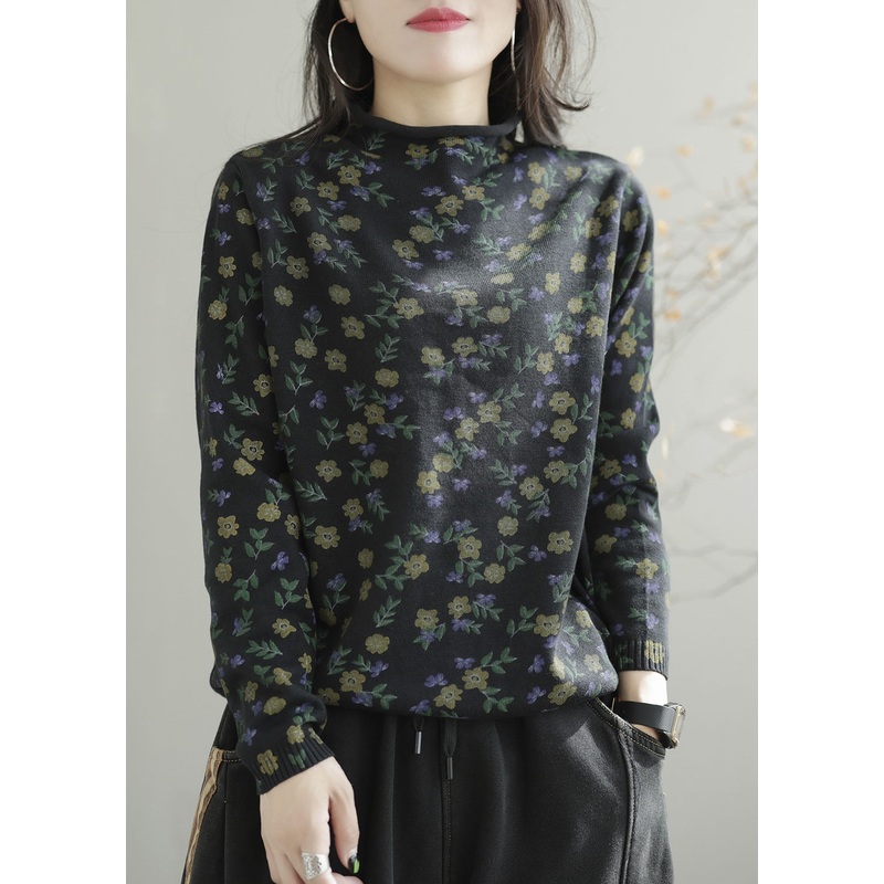 Women Black High Neck Print Knitted Tops Winter