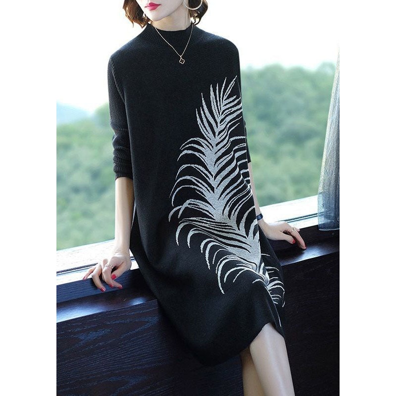 Women Black O-Neck Print Knit Long A Line Dress Winter