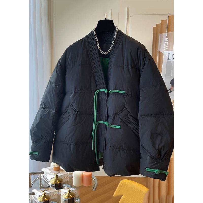 Women Black V Neck Oversized Oriental Button Fine Cotton Filled Jackets Winter