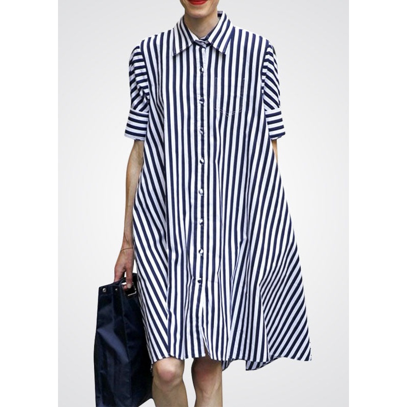 Women Blue Peter Pan Collar Striped Cotton Shirt Dress Short Sleeve