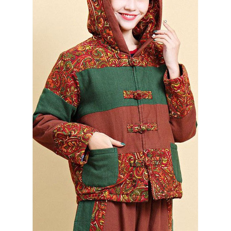 Women Brown Hooded Pockets Patchwork Fine Cotton Filled Parkaer Winter