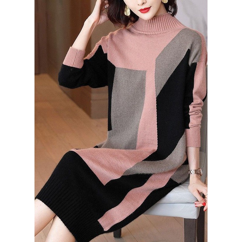 Women Colorblock High Neck Print Knit Sweater Dress Winter