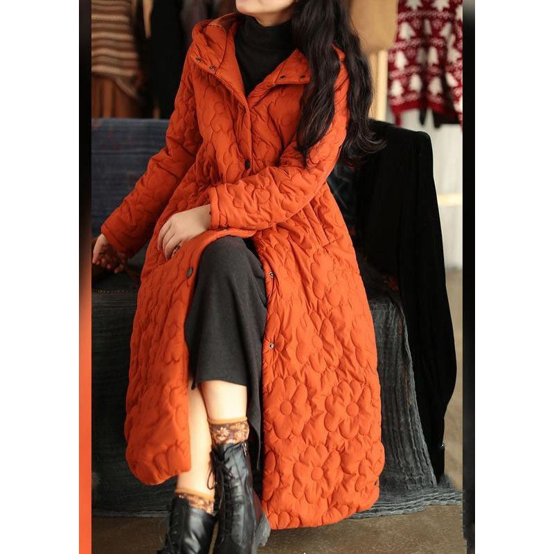 Women Orange Hooded Solid Color Fine Cotton Filled Puffers Jackets Winter