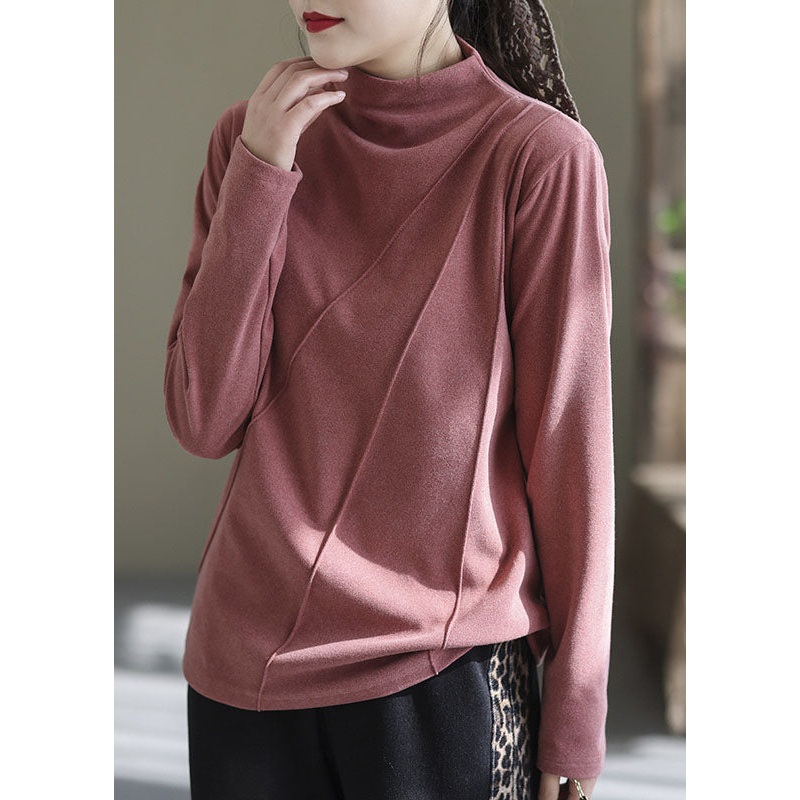 Women Pink High Neck Solid Wrinkled Velour Shirt Winter