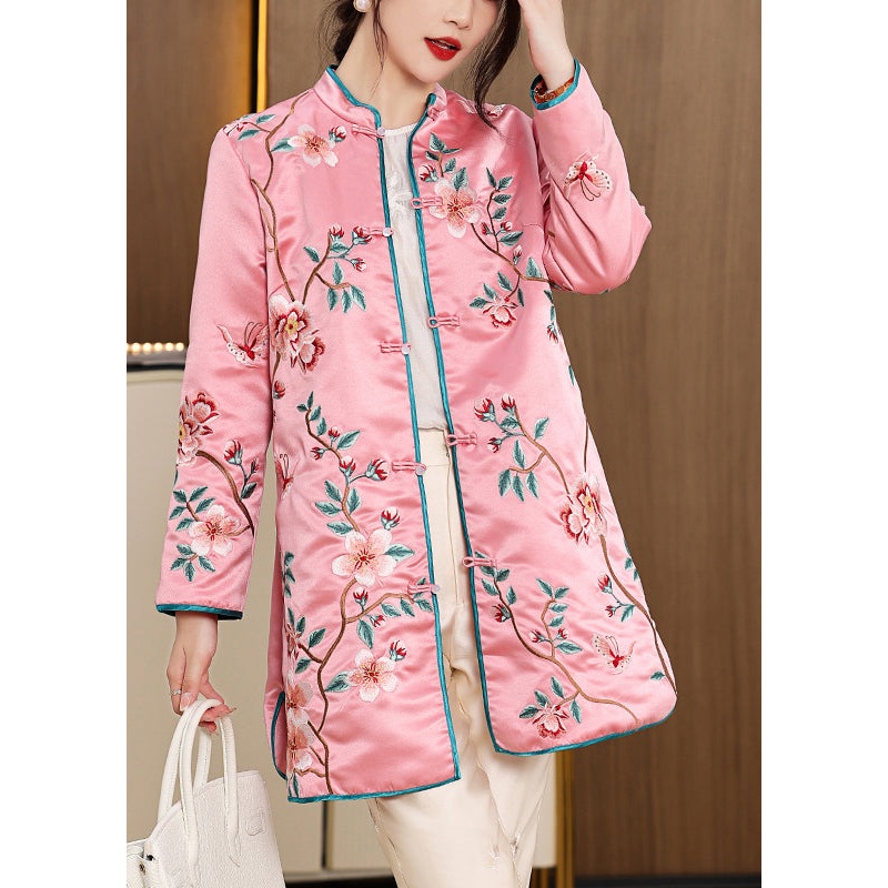 Women Pink Stand Collar Embroidered Floral Side Open Button Silk Long Coats Fall