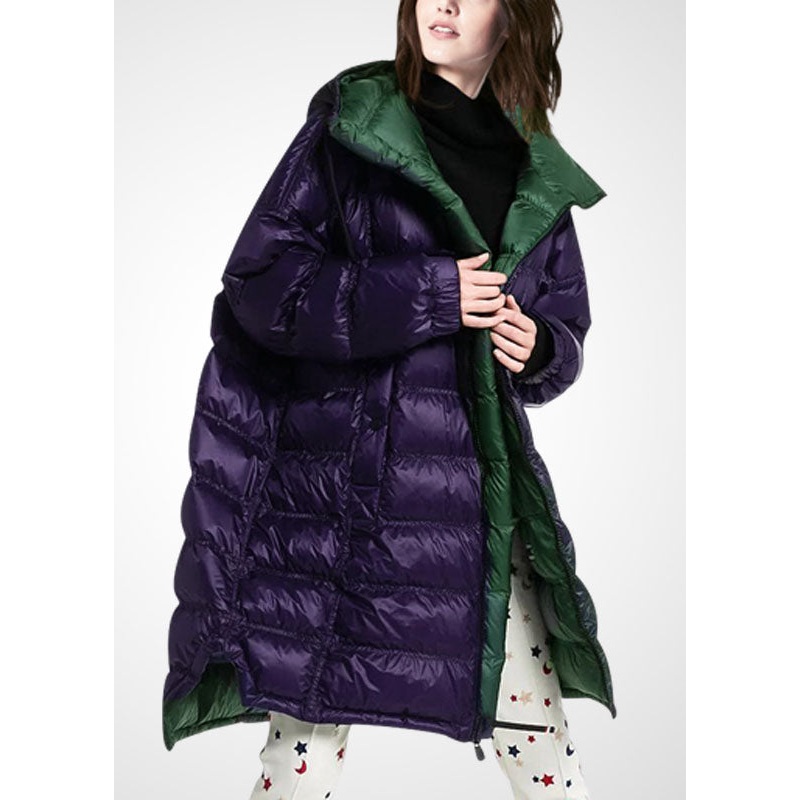 Women Purple Hooded Zippered Duck Down Puffer Coat Winter
