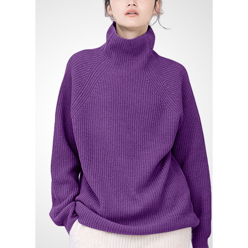 Women Purple Turtle Neck Cozy Wool Sweater Tops Winter