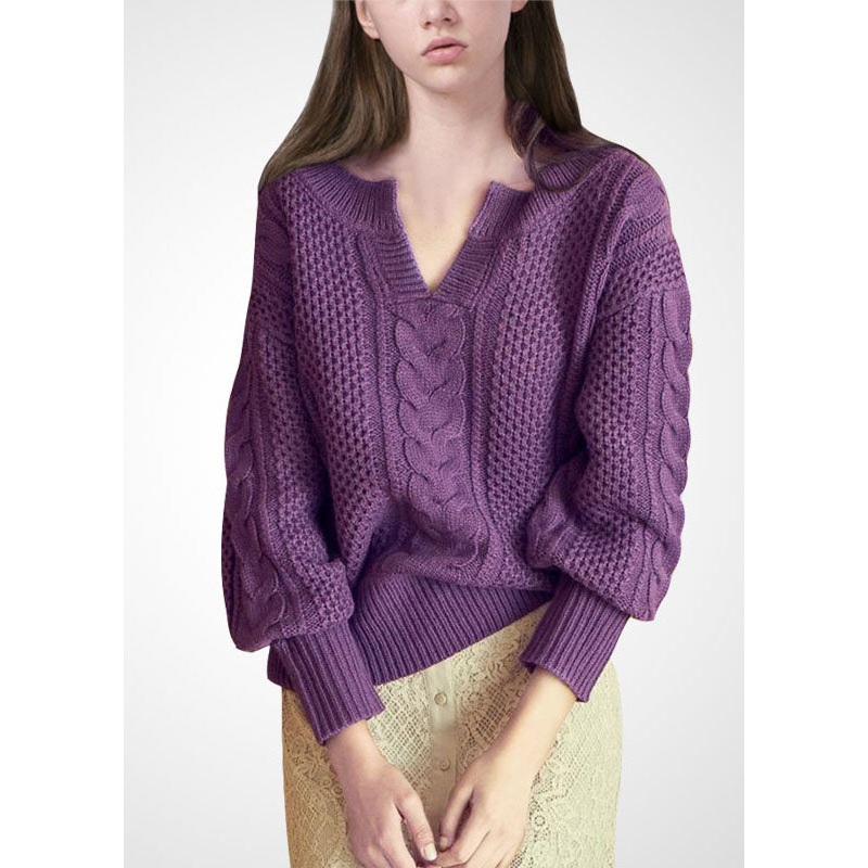 Women Purple V Neck Thick Wool Cable Knitted Tops Winter