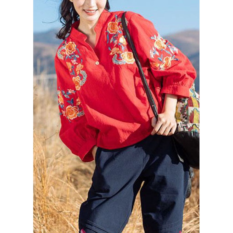 Women Red V Neck Embroideried Cotton Shirt Tops Half Sleeve