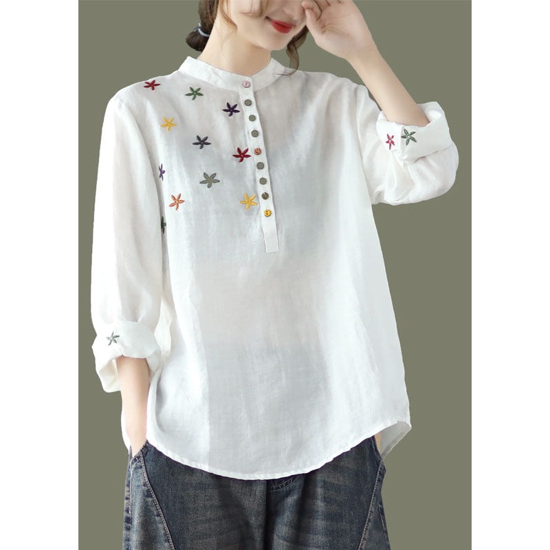 Women White Stand Collar Embroidered Linen Shirt Spring