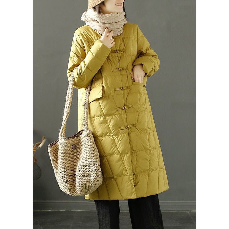 Yellow Duck Down Puffer Jacket Stand Collar Oriental Button Winter