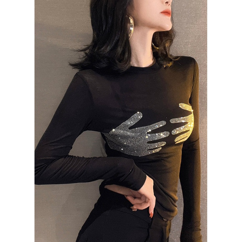 Art Black O-Neck Patchwork Rhinestone Tulle Top Long Sleeve