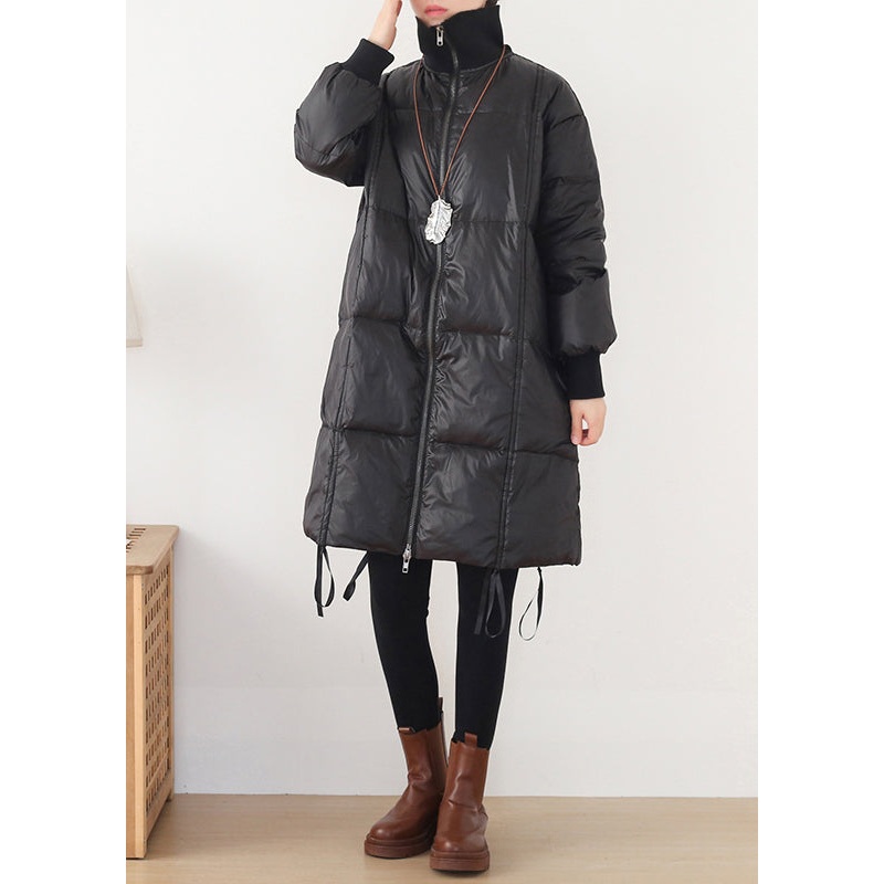 Art Black Stand Collar Drawstring Zippered Duck Down Long Down Coats Winter